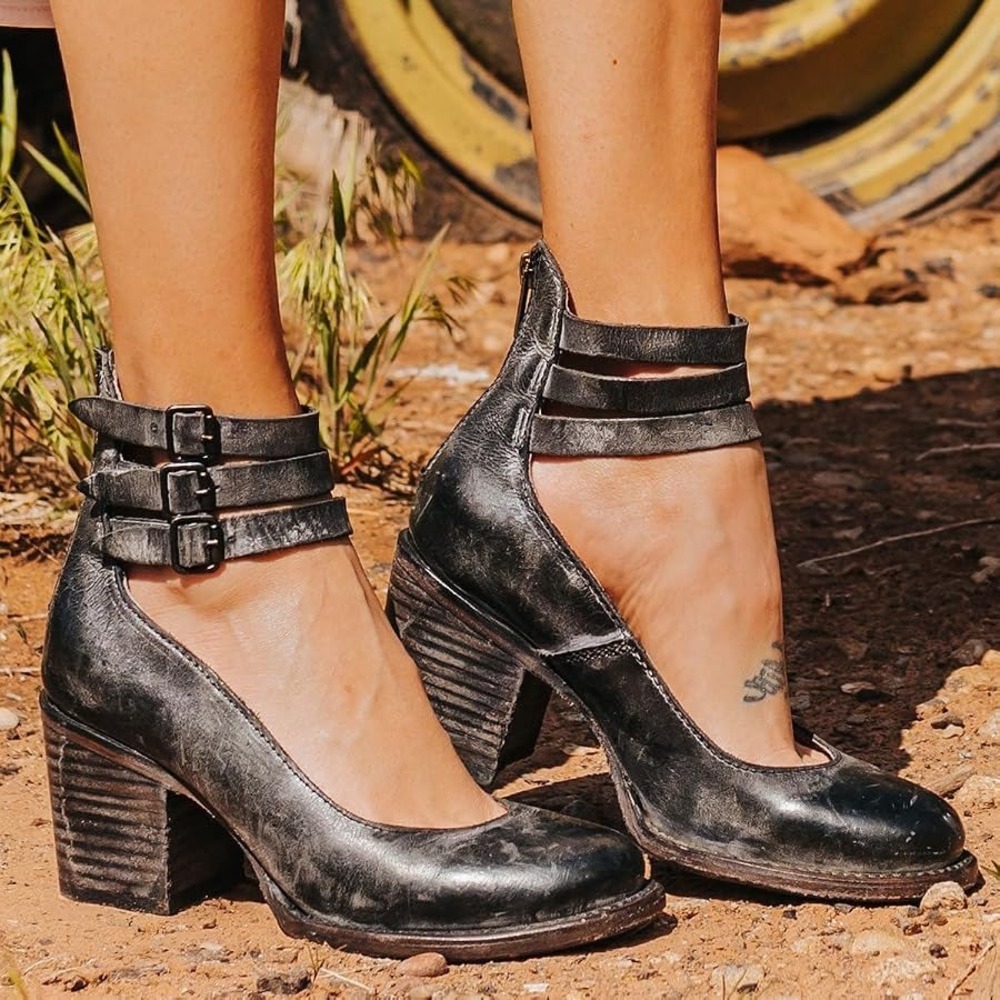 Freebird by Steven Randi Black Leather Triple Strap Randi Block Heel Pumps 8